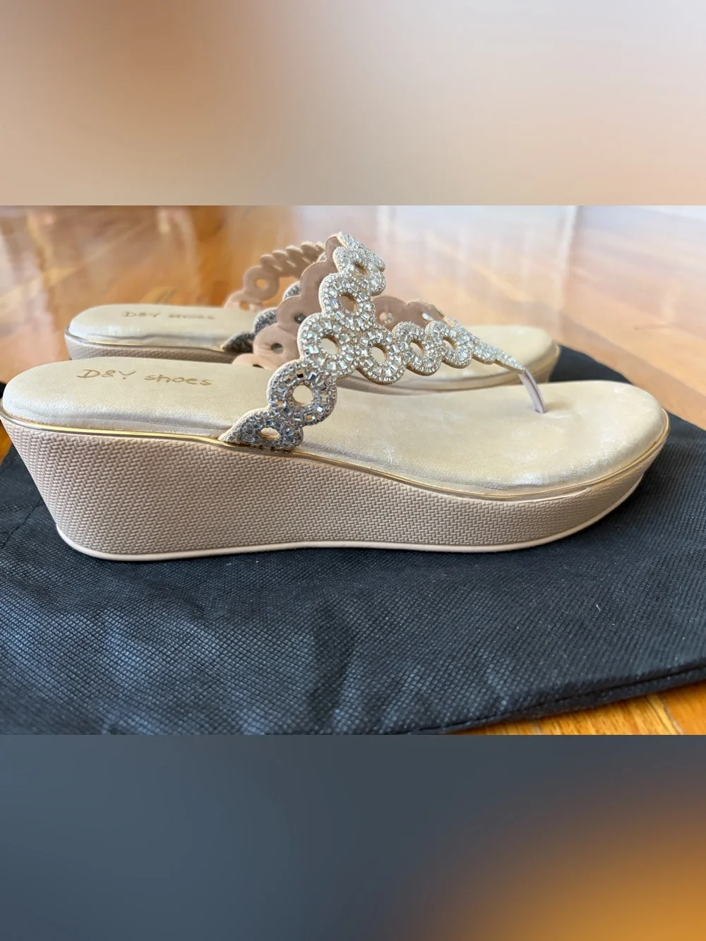 Women's Embellished Taupe Rhinestone Thong Wedge Sandals -